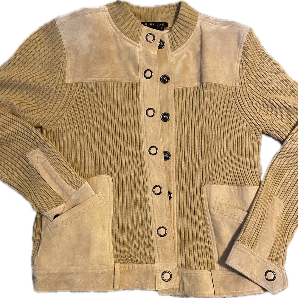 Ruby Cho Beige Suede and Knit Utility Jacket